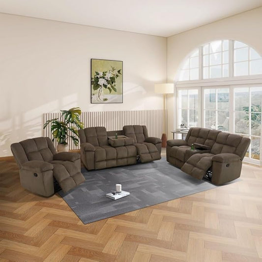 Manual Recliner Sofa Set,Microfiber Reclining Couch Set,Modern Living Room Furniture Set,Reclining Sofa Couch Chair for Living Room Home Office(Dark Brown,3 Pieces Set)
