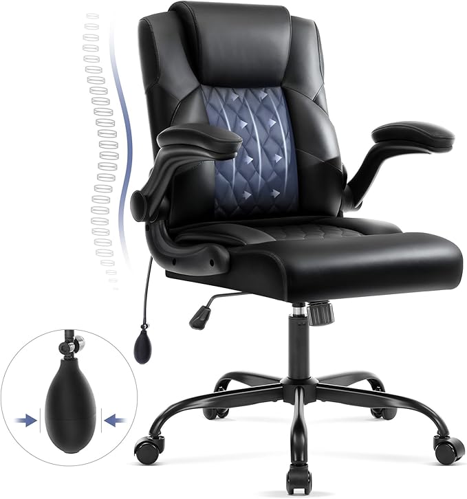 Office Chair with Adjustable Lumbar Support,Leather Ergonomic Computer Desk Chair with Flip-up Arms,Adjustable Tilt Lock,Swivel Rolling Executive PC Chair for Work, Study,Meeting,Small Space.Black