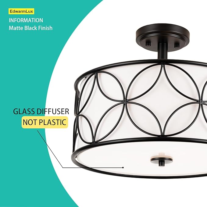 3-Light Semi Flush Mount Ceiling Light, 16" Drum Light with Fabric Shade, Modern Close to Ceiling Lamp for Living Room Bedroom Dining Room Kitchen Hallway Entry Foyer (Black)