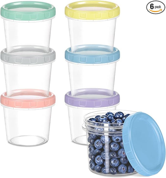 6pcs 10 oz Plastic Containers with Screw Lids, Reusable Clear Food Storage Containers with Pen and Brush for Snack Salad Fruit, Leakproof Small Freezer Containers, Microwave & Dishwasher Safe