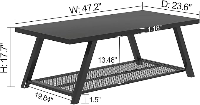 FOLUBAN Black Coffee Table, Modern Rustic Wood and Metal Living Room Table with Storage Shelf, Industrial Rectangle Cocktail Tea Table, 47 Inch