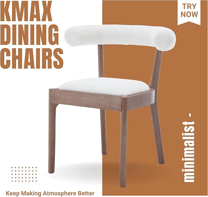 Kmax Dining Room Chairs Mid-Century Modern Sherpa Kitchen Chairs with Natural Walnut Finished Frame, Fur Curved Back, Set of 4, White