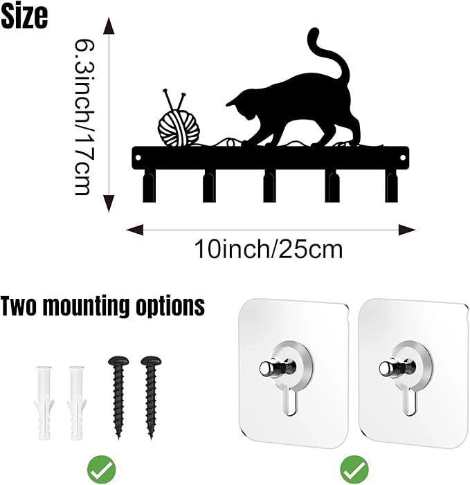 magilab Cat-Themed 10-Inch Iron Key Hooks with 5 Hooks, Black Wall Organizer - Cute Cat Design for Home Decor, No Drill & Screw-in Options (Style D)