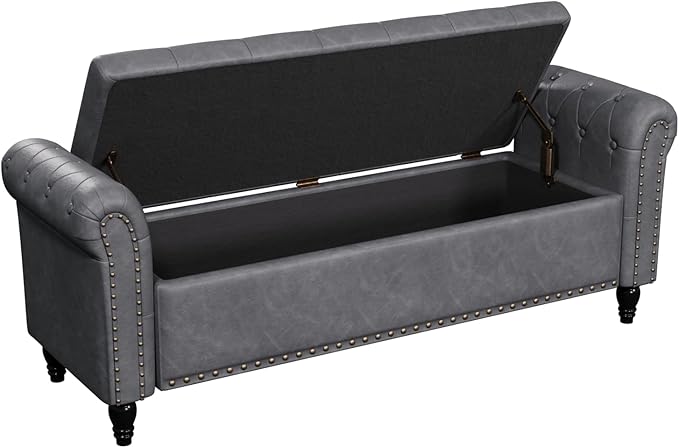 65 Inch Bedroom Bench, End of Bed Bench with Storage, Bed Benches for Foot of Bed, Faux Leather Window Bench with Tufted Button and Nailhead Trim, Upholstered Storage Bench with Rolled Arms, Gray
