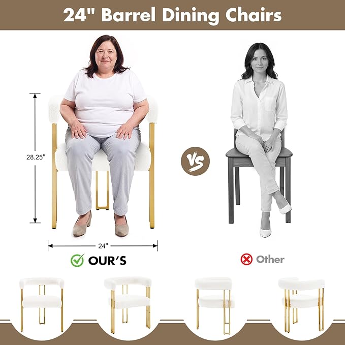 Set of 6 Modern White Boucle Dining Chairs with Gold Metal Legs, Mid Century Accent Upholstered Barrel Armchairs with Open-Back for Kitchen, Dining Room, Living Room, Apartment