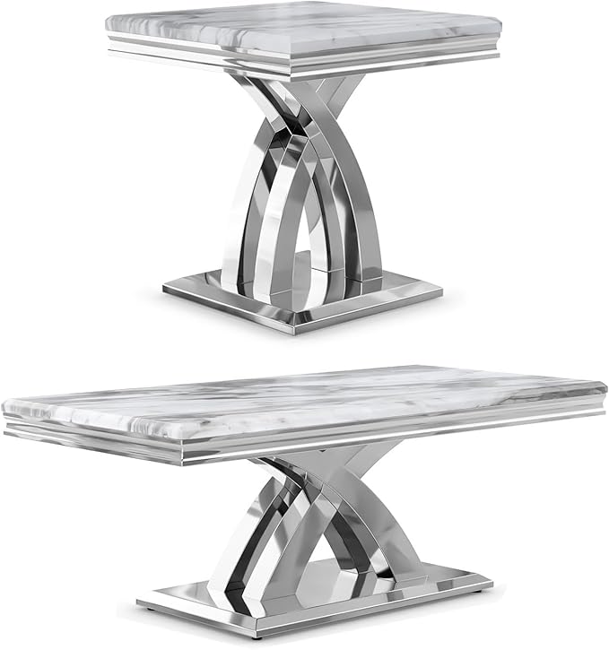 AUZ Silver Coffee Table Set of 2, Living Room Table Set with X- Shape Design Polished Stainless Steel Frame
