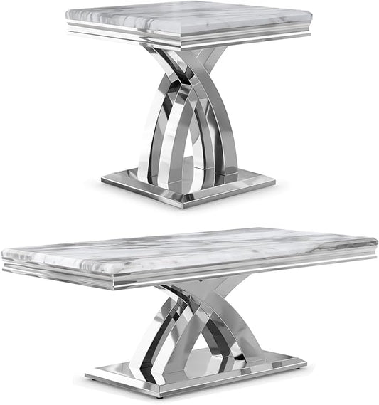 AUZ Silver Coffee Table Set of 2, Living Room Table Set with X- Shape Design Polished Stainless Steel Frame