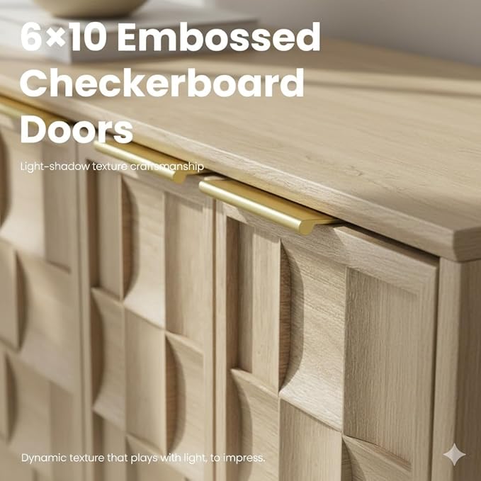 Mid-Century Sideboard Buffet Cabinet with 6×10 Embossed Checkerboard Doors, Adjustable Shelves & Soft-Close Hinges, Modern Storage Cabinet for Dining Room, Living Room, Entryway – Oak White Finish