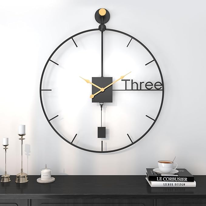 Extra Large Wall Clock 36 inch Battery Operated Wall Clock with Pendulum, Modern Silent Non-Ticking Metal Clock for Living Room Decor, Decorative Hanging Clock for Bedroom, Office, Kitchen, Home