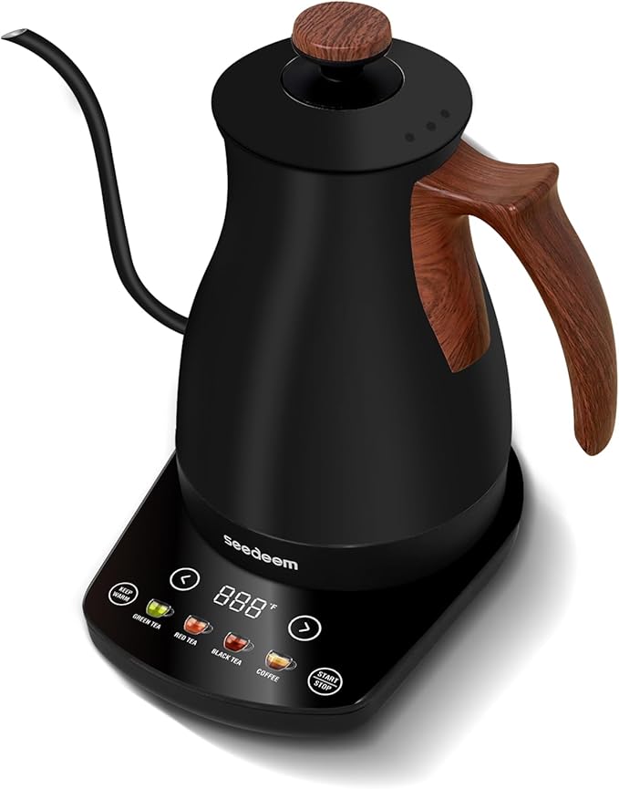 SEEDEEM Gooseneck Electric Kettle Full Touch Screen 1200W Electric Tea & Coffee Kettle with Four Heating Modes Rapid Heating,±1℉ Temperature Control，Keep Warm Mode,1L Electric kettle