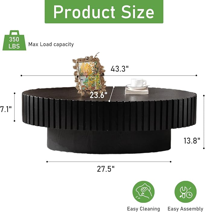 Oval Coffee Table for Living Room, 43.3'' Modern Handcraft Drum Coffee Table Unique Fluted Coffee Tables Wood Center Table End Table for Small Space, Farmhouse Apartment Office (Oval Black)