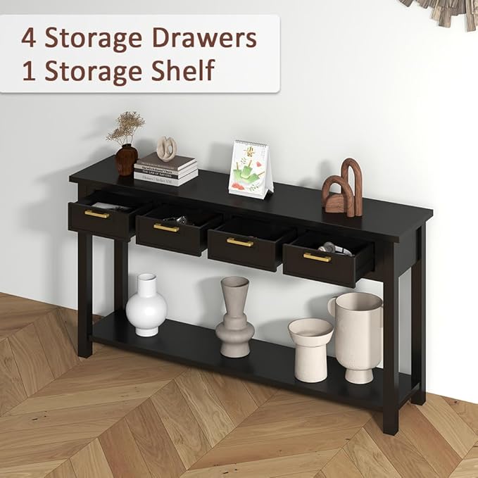 Console Table for Entryway, 60 Inch Sofa Table w/4 Drawers and Bottom Shelf Narrow Long Hallway Table for Living Room Entryway Home, Black