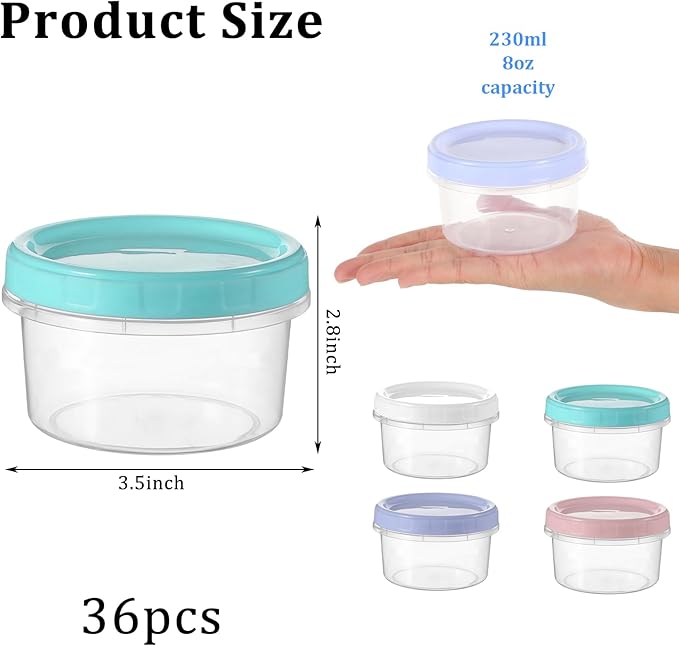 36pcs 8 oz Plastic Containers with Screw Lids, Reusable Clear Food Storage Containers with Pen and Brush for Snack Salad Fruit, Leakproof Small Freezer Containers, Microwave & Dishwasher Safe
