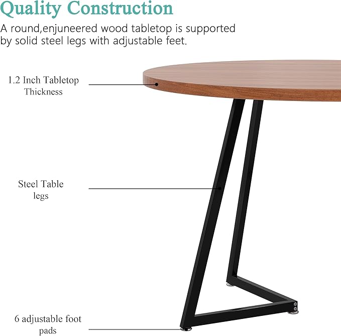 VECELO 35” Round Dining Table Set with 4 Cushioned Padded Chairs for Kitchen, Breakfast Nook, or Living Room, Wood-Grain Tabletop & Heavy-Duty Steel Frame, Easy Assembly, Walnut