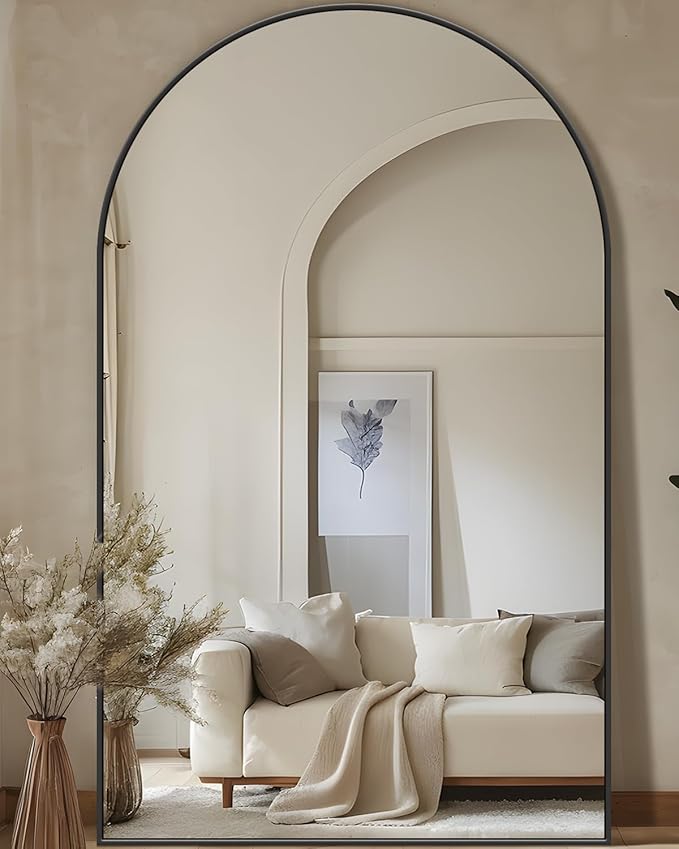 Full Length Mirror, 72"x44" Floor Mirror Freestanding, Oversized Floor Standing Mirror Full Body Mirrors with Stand for Bedroom, Hanging Mounted Mirrors for Living Room, Black, Arched