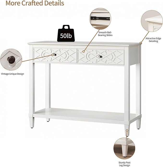 40" Console Table with Drawers, Vintage Entryway Table with Shelf, Charming Carved Motifs, Solid Pine Wood Legs, Accent Sofa Table for Living Room, Painted, Drawers Pre-Assembled, Distressed White