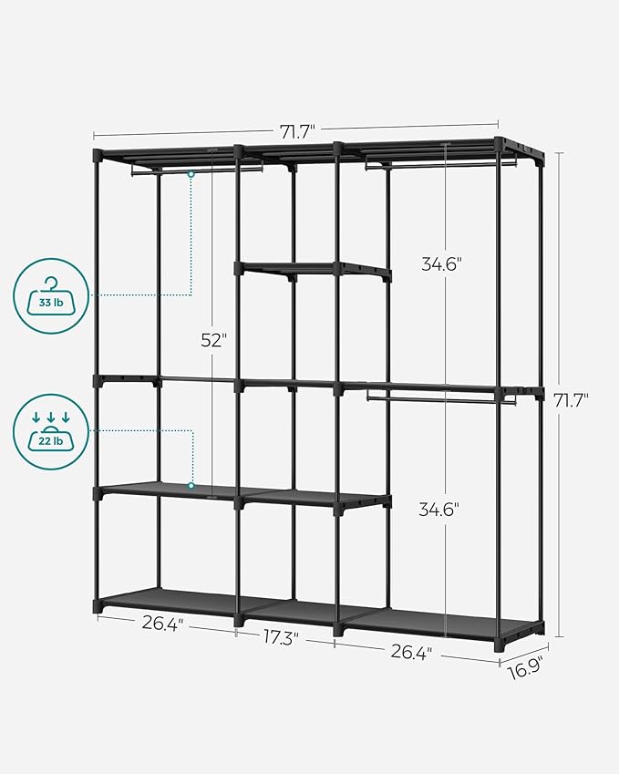 SONGMICS Portable Closet, Freestanding Closet Organizer, Clothes Rack with Shelves, Hanging Rods, Storage Organizer, for Cloakroom, Bedroom, 71.7 x 16.9 x 71.7 Inches, Black URYG037B02