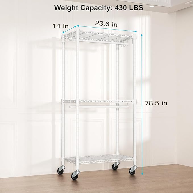 FUTASSI P3 Mini Rolling Clothes Rack, Clothing Racks for Hanging Clothes, Heavy Duty Garment Rack, Freestanding Portable Closet Rack 23.6'' W x 14'' D x 78.5'' H, Max Load 430 Lbs, White
