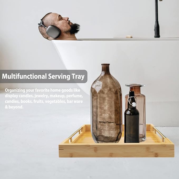 Bamboo Wood Serving Tray with Gold Polished Metal Handles, Decorative Tray Platter Coffee Table Tray Rectangular Wooden Breakfast Tray for Ottoman, Kitchen, Bedroom, Lap &Couch - 15x10.4 Inch