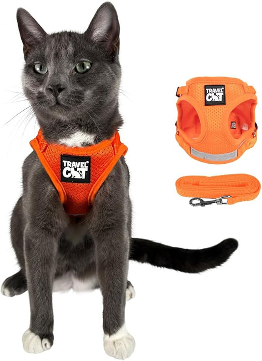 Travel Cat Harness and Leash Set - Adjustable Fit Mesh Cat Harness and Reflective Strap - Comfort Walking Vest for Kitten for Outdoor Walking, Hiking (Medium, Orange)