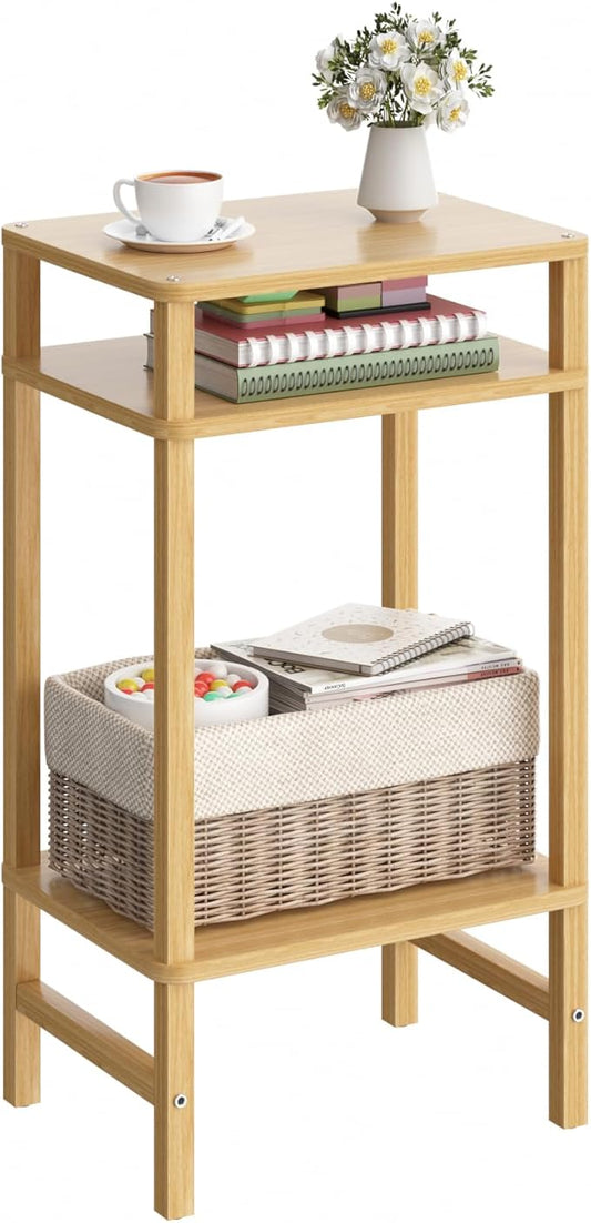 28in Tall Bamboo Side Table 3-Tier Small Narrow End Table, Skinny Nightstand for Small Space, Farmhouse Slim Night Stand with Storage for Couch, Wooden Thin Bedside Table, Natural