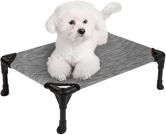 Veehoo Outdoor Elevated Dog Cot Bed, Cooling Raised Pet Bed for Small Dogs, Washable Breathable Mesh Hammock Bed with No-Slip Feet, Indestructible Ground Off Training Platform Cot-22"x17" Black Silver