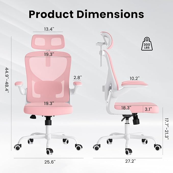 Soohow Office Chair, Ergonomic Office Mesh Desk Chair with Adjustable Back Support, High Back Comfy Computer Swivel Chair with Headrest, Lumbar Support for Study Room, Gaming and Office, White & Pink