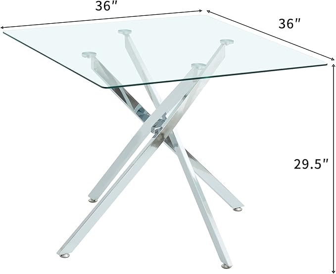 36" Square Glass Dining Room Table for 4 with Tempered Glass Top and Silver Chrome Metal Legs, Modern Clear Kitchen and Dinner Table for Home Office Dining Room