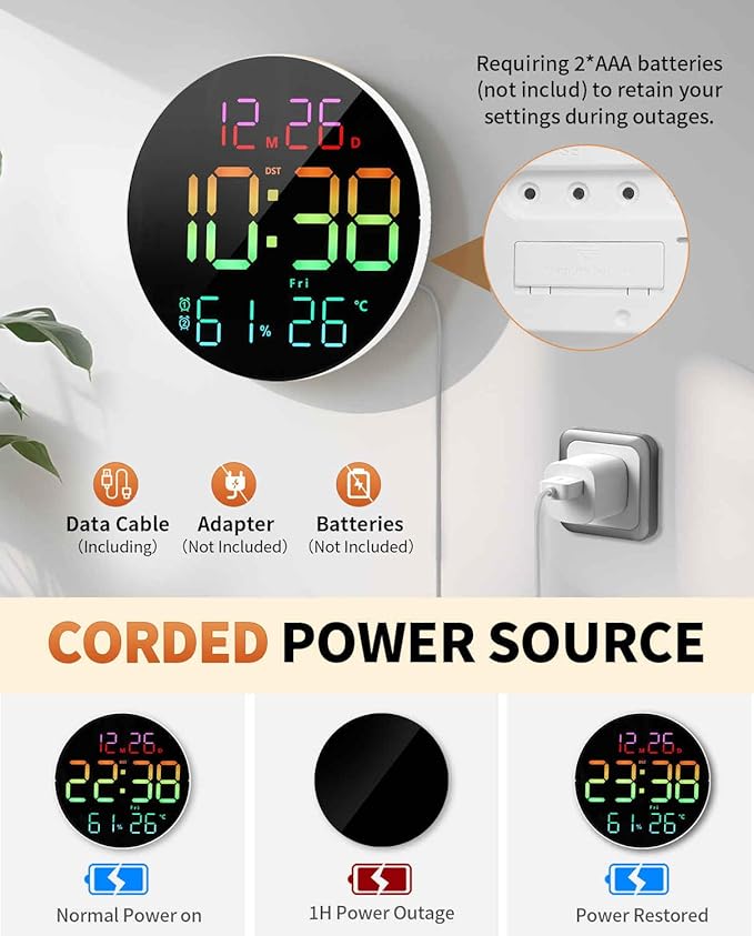 10 Inch Large Digital Wall Clock with 13 Color Changing Remote Control, Date Week Temperature, Auto Brightness Dimmer Big Clock with Night Lights,RGB