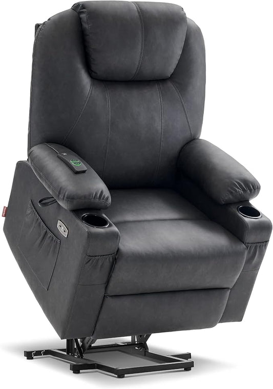 MCombo Large Power Lift Recliner Chair for Elderly, Lift Chair with Heat and Massage for Tall People, Extended Footrest, USB & Type C Ports, Cup Holders, Faux Leather 7516 (Large, Grey)