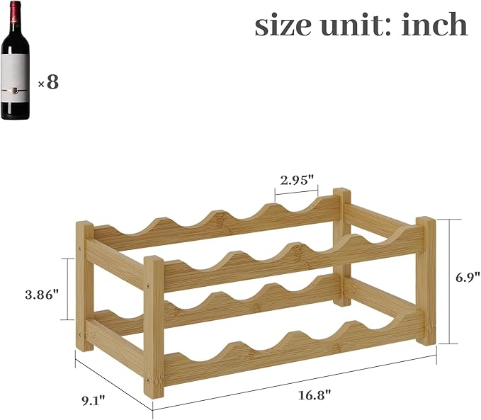 Wine Rack，Bamboo Wine Storage Cabinet Shelf，Countertop Wine Shelf- Freestanding Wine Holder for Kitchen & Pantry (Natural, 2-Tier)