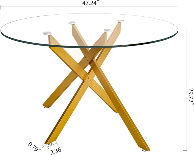47.24" Round Glass Dining Room Table for 6 with Tempered Glass Top and Gold Metal Legs, Modern Clear Kitchen and Dinner Table for Home Office Dining Room