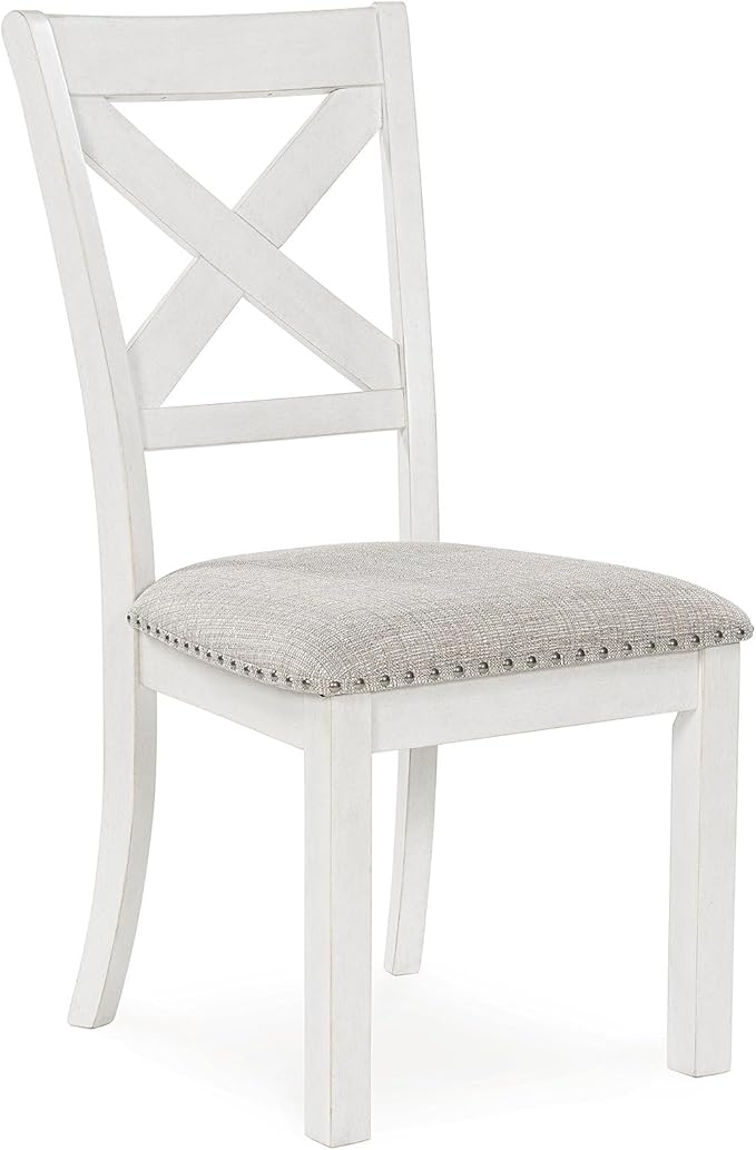 Signature Design by Ashley Robbinsdale Casual Upholstered Solid Wood Dining Chair with Nailhead Trim, Set of 2, White & Light Gray