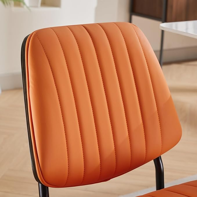 Dining Chairs Set of 2, Mid Century Modern Dining Room Chairs, Upholstered PU Leather Vertical Stripe Kitchen Chair with Walnut Bentwood and Metal Legs, Orange