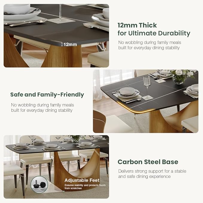 POVISON 63" Hobart Modern Dining Table for 4, Matte Black Heavy-Duty Rectangle Dining Table, Sintered Stone Dining Tabletop with Bronze Carbon Steel Pedestal (Table Only)