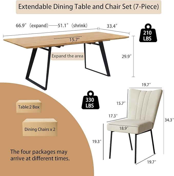 7-Piece Dining Table Set, 51"-67" Extendable Mid-Century Modern Oak Table with 6 Upholstered Chairs, White Fabric Seats, Leather Backrest, Metal Frame, Space-Saving Design for Kitchen & Dining Room