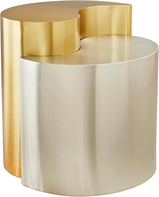 Modern Contemporary Luxury Ying-Yang 20" Height End Table Set, Sculptural Design with Aluminum Frame for Living Room, Entryway, Home & Office, Gold & Silver Dual Tone End Table