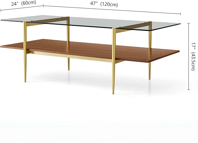 Extra Large Rectangle Glass Coffee Table, Mid-Century Modern Design, for Living Room, L47 x W24 x H17 Inch, Clear Glass Top and Walnut MDF Shelf, Sleek Conical Metal Legs with Gold Finish