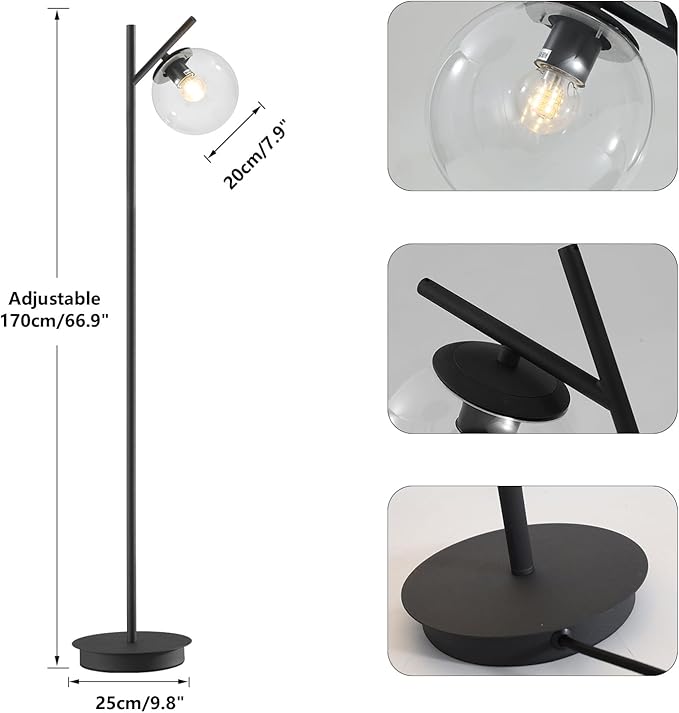 Modern Black Floor Lamps for Living Room Industrial Clear Globe Tall Standing Lamp Mid Century Freestanding Lamps Vintage Metal Floor Lamp for Bedroom Office