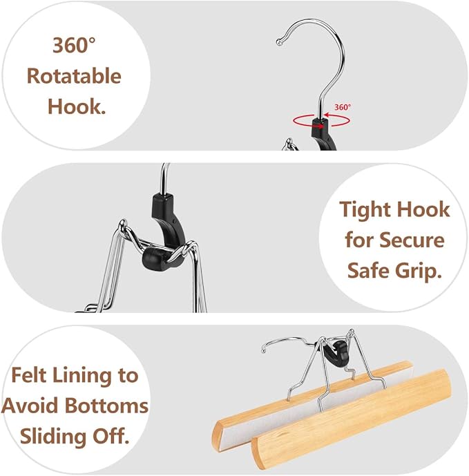 AMKUFO 20 Pack Natural Wooden Pants Hangers with Clips Non Slip Skirt Hangers Trouser Clamp Hanger Solid Wood Hanger with 360° Swivel Hook