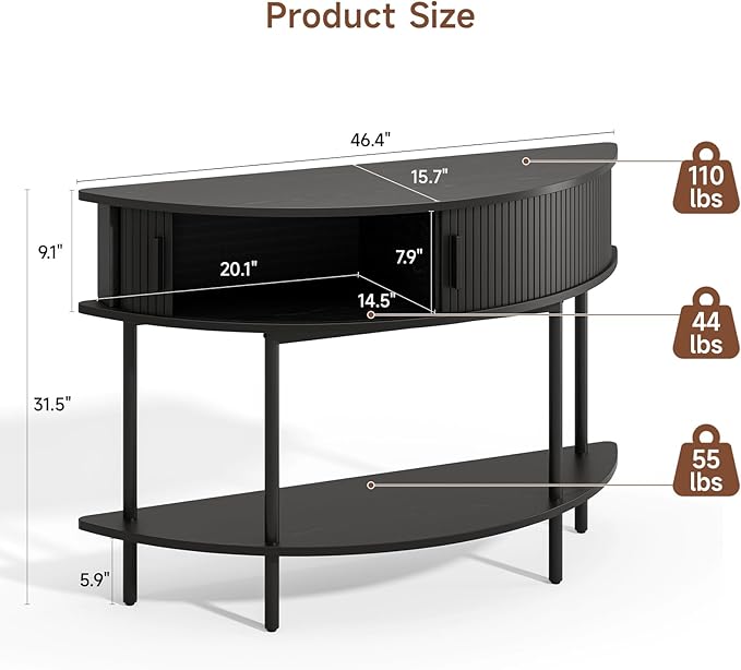 ONBRILL Half Moon Fluted Console Table, Entryway Table with Storage, Mid-Century Modern Sofa Tables, Behind Couch Tables, for Entryway, Hallway, Living Room, Small Spaces, Black