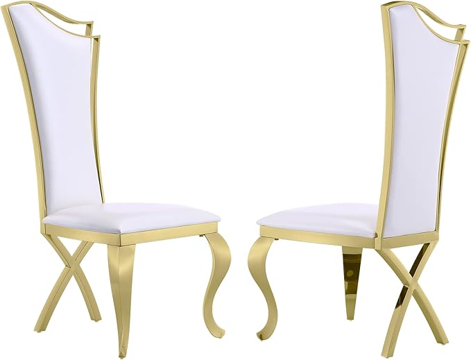 White and Gold Dining Chairs Set of 2, White Leather Dining Room Chair with Gold Polished Metal Legs, Glam Upholstered Kitchen Chairs for Dining Room, Kitchen, Living Room