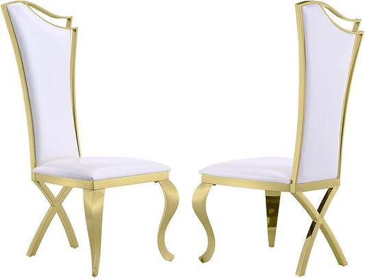 White and Gold Dining Chairs Set of 2, White Leather Dining Room Chair with Gold Polished Metal Legs, Glam Upholstered Kitchen Chairs for Dining Room, Kitchen, Living Room