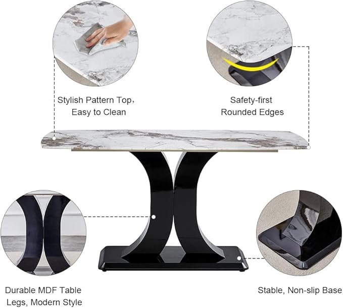 Modern Marble Dining Table Set for 4 - Rectangular Kitchen Table With PU Leather Upholstered Chairs for Dining Room (Off White-C, White)