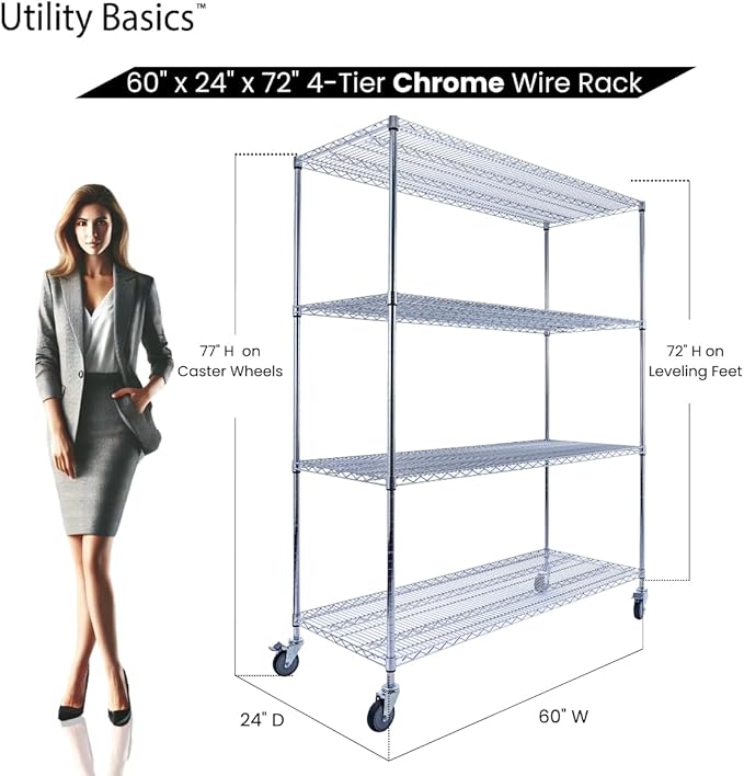 NSF Commercial 4-Tier Wire Shelving with Wheels, 60"x24"x72" Heavy Duty Metal Shelves 3200 lbs Max Capacity, Chrome Storage Rack for Garage Kitchen Pantry Warehouse