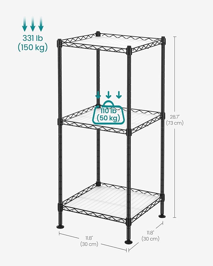 SONGMICS 3-Tier Bathroom Shelf, Storage Rack for Small Space, with 3 PP Shelf Liners, Removable Hook, Extendable Design, Ink Black and Translucent ULGR103B01