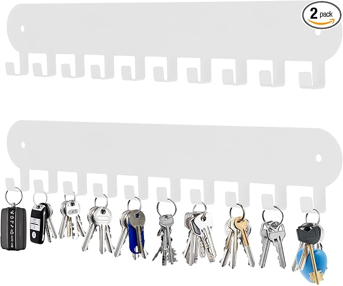 2 Pack Key Holder for Wall,Key Hooks with 10 Hooks,Key Holder Wall Mount Self Adhesive, Key Rack for Wall No Drill for Living Room, Kitchen, Bathroom, Garage (White)