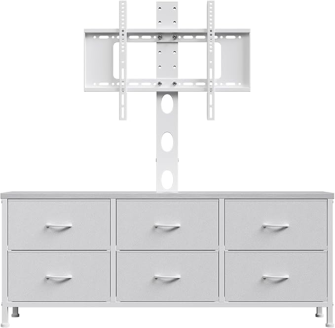 TV Stand with Mount, Fabric Dresser with 6 Drawers for 32/45/55/60/65/75 inch TVs, White Dresser Entertainment Center, Modern Media TV Console Table