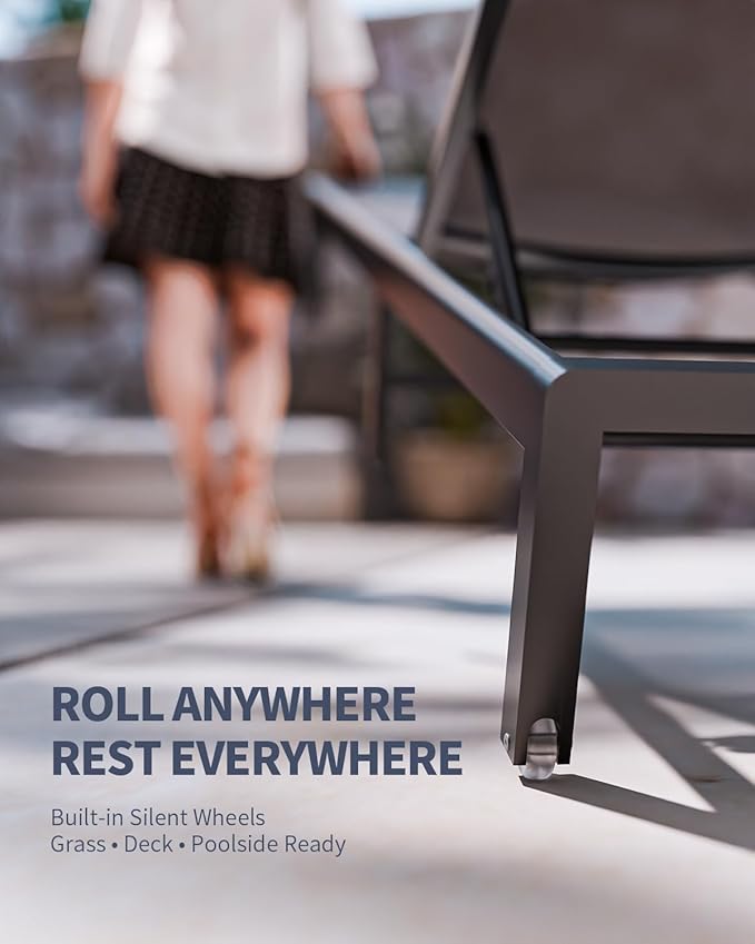 Aluminum Lounge Chairs Outdoor Chaise Furniture,2 Sets Patio Metal Deck Lounger Adjustable 5-Position Poolside Chase Recliner with Wheels for Beach,Coffee Table, (Khaki, 2 Chairs)