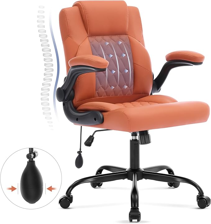 Office Chair with Adjustable Lumbar Support,Leather Ergonomic Computer Desk Chair with Flip-up Arms,Adjustable Tilt Lock,Swivel Rolling Executive PC Chair for Work, Study,Meeting,Small Space.Brown